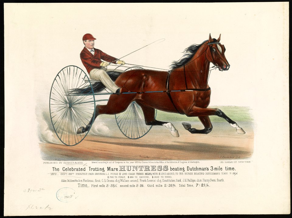 The celebrated trotting mare Huntress beating Dutchman's 3 mile time- 1872-Sept. 23rd Prospect Fair grounds L.I. purse $1,250 dash three miles, with $1000 added, to the horse beating LCCN90715606