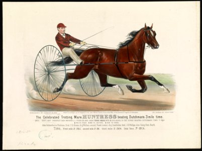 The celebrated trotting mare Huntress beating Dutchman's 3 mile time- 1872-Sept. 23rd Prospect Fair grounds L.I. purse $1,250 dash three miles, with $1000 added, to the horse beating LCCN90715606