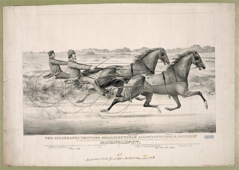 The celebrated trotting Stallions Ethan Allen and George M. Patchen- In the first quarter of their great match to Wagons for $2000-mile heats. Over the Union Course, L.I. October 28th LCCN90715700