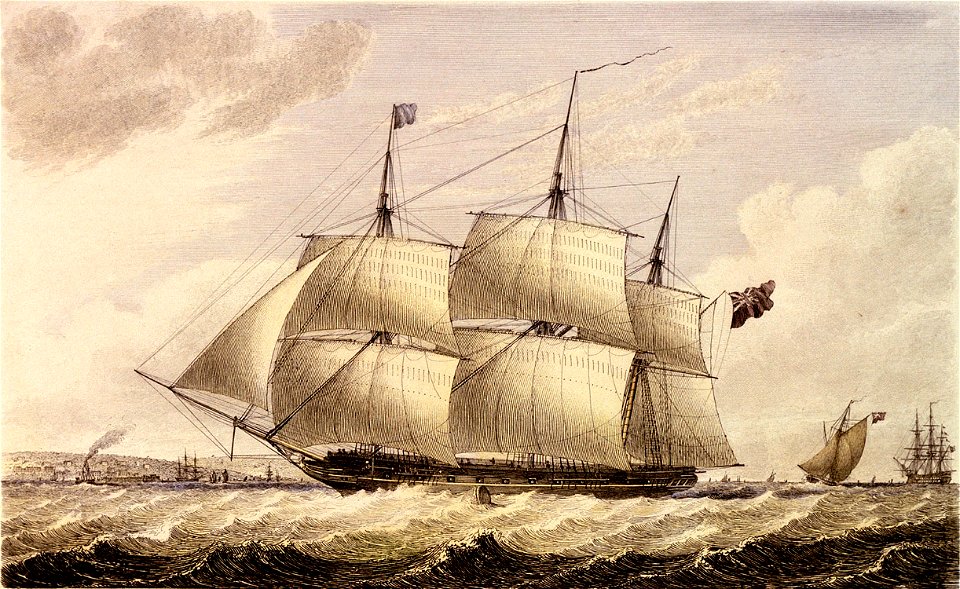 The Challenger commanded by Captain FitzClarence, sailing from Portsmouth with Dispatches for Lisbon, Oct 31. 1827 RMG PU6135 (cropped)
