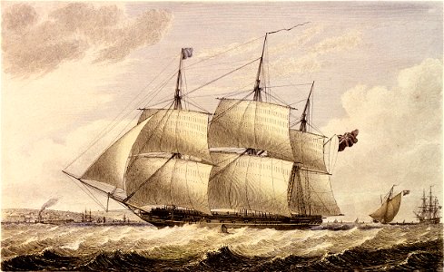 The Challenger commanded by Captain FitzClarence, sailing from Portsmouth with Dispatches for Lisbon, Oct 31. 1827 RMG PU6135 (cropped)
