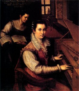 Self-portrait at the Clavichord with a Servant by Lavinia Fontana. Free illustration for personal and commercial use.
