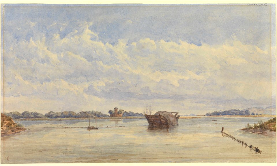 The China War 1857. River view, Tower on a round Fort, three-masted vessel beyond. Junk or hulk moored at right RMG PW0602