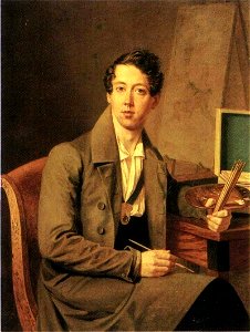 Self-portrait with palette and brushes, by Aleksey Vasilyev (1830s). Free illustration for personal and commercial use.