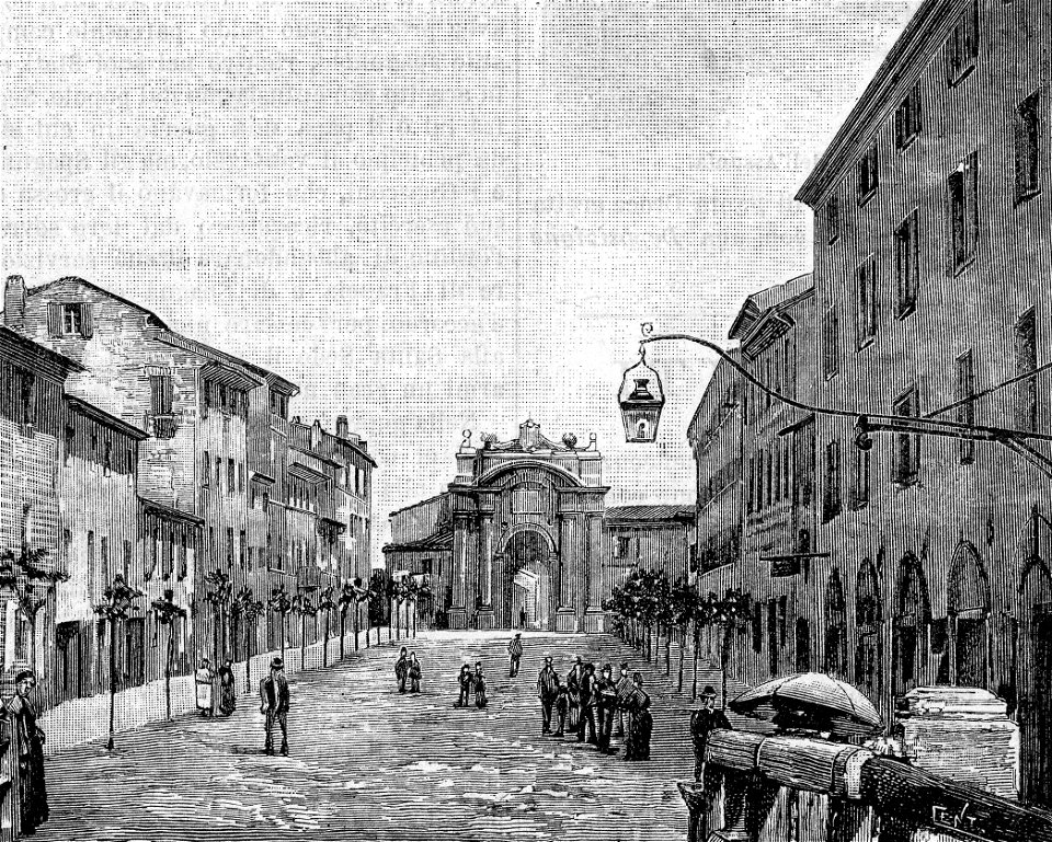 Senigallia – Via Grande e porta Lambertina (xilografia)