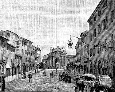 Senigallia – Via Grande e porta Lambertina (xilografia)