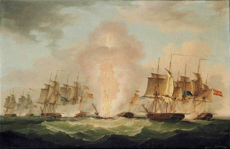John Thomas Serres - The blowing up of the Spanish Frigate Mercedes at the Battle of Cape Santa Maria, 1804. Free illustration for personal and commercial use.
