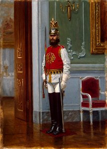 Sentry of the Life-Guards Horse Regiment in the Winter Palace by Narkiz Bunin (1889). Free illustration for personal and commercial use.