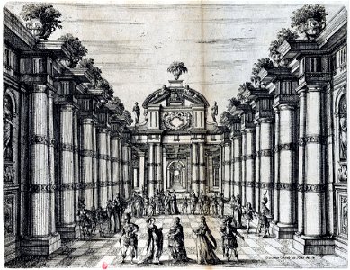 Set design for Sacrati's 'La finta pazza' (Paris, 1645) from 'Scene e machine preparate alle nozze di Teti Balletto reale' – INHA NUM 4 RES 1152 vue 42 Act I 3 – II 7