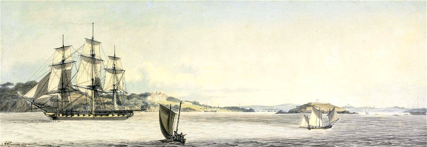 John Thomas Serres - A Royal Naval frigate heading down Plymouth Sound (18041)
