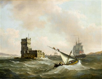 John Thomas Serres - An English frigate in choppy waters in the Tagus passing the Belem Tower