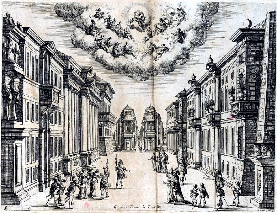 Set design for Sacrati's 'La finta pazza' (Paris, 1645) from 'Scene e machine preparate alle nozze di Teti Balletto reale' – INHA NUM 4 RES 1152 vue 43 Act II 8 – III 4