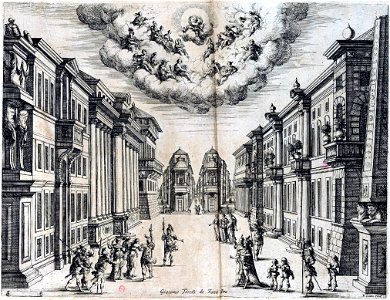 Set design for Sacrati's 'La finta pazza' (Paris, 1645) from 'Scene e machine preparate alle nozze di Teti Balletto reale' – INHA NUM 4 RES 1152 vue 43 Act II 8 – III 4