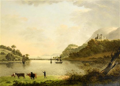 John Thomas Serres - A drover and his cattle with shipping at anchor in an estuary beyond