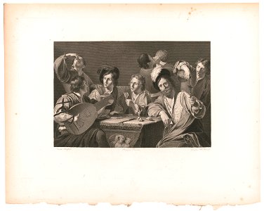 Seven men around table, eating and drinking, with one of them playing a lute) - peint par Manfredi ; dessiné par Desenne ; gravé par Alb. Reindel LCCN93511178