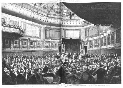 Sesión celebrada en la noche del 31 de enero, bajo la presidencia del rey, Antonio Cánovas del Castillo, presidente del Ateneo, leyendo el discurso inaugural, de Comba