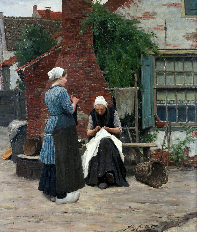 Sewing and knitting in the courtyard, by Willy Martens