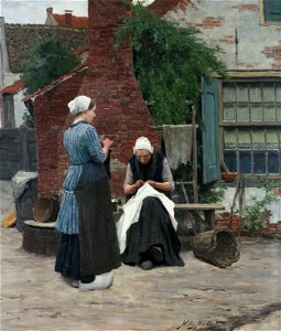 Sewing and knitting in the courtyard, by Willy Martens. Free illustration for personal and commercial use.