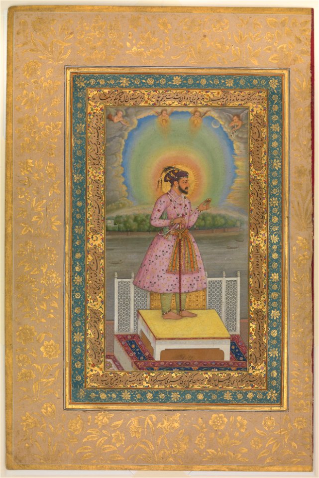 Shah Jahan on a Terrace Holding a Pendant Set with His Portrait