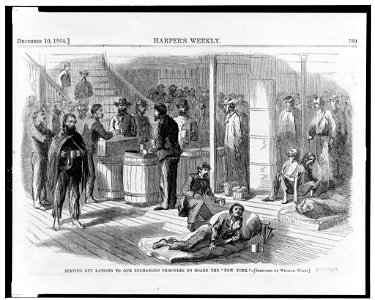 Serving out rations to our exchanged prisoners on board the New York - sketched by William Waud. LCCN98501846