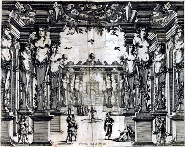 Set design for Sacrati's 'La finta pazza' (Paris, 1645) from 'Scene e machine preparate alle nozze di Teti Balletto reale' – INHA NUM 4 RES 1152 vue 44 Act III 5 – 8