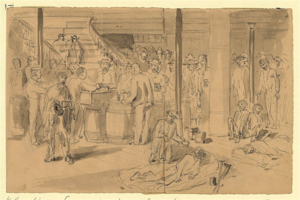 Serving out rations (coffee, bread & meat) to the exchanged prisoners on board the New York LCCN2004661233