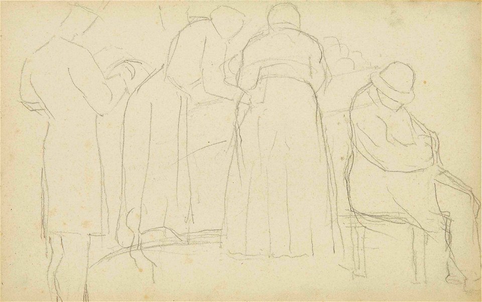 Seurat - Homme assoupi, un autre debout lisant, deux femmes (planche issue du Carnet de Brest), vers 1879-80, Hauke 319