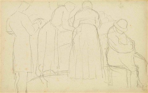 Seurat - Homme assoupi, un autre debout lisant, deux femmes (planche issue du Carnet de Brest), vers 1879-80, Hauke 319