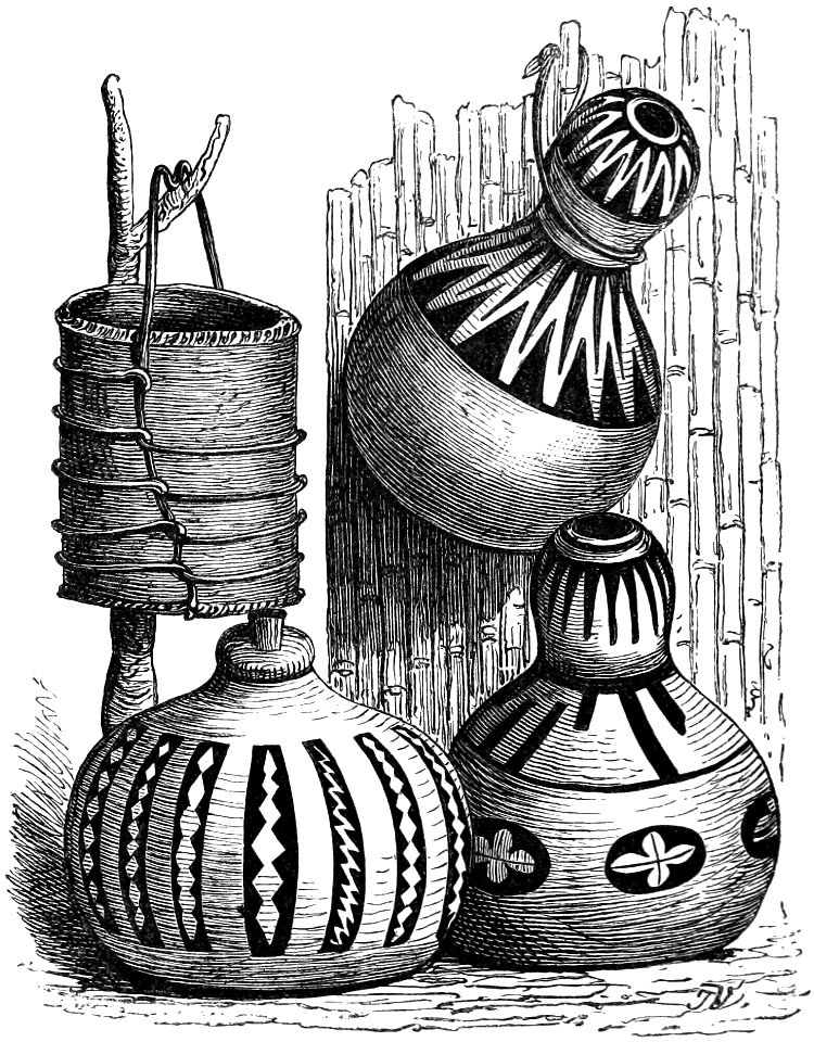 Seven Years in South Africa, page 308, bar basket and calabashes for holding corn used by the Mabundas