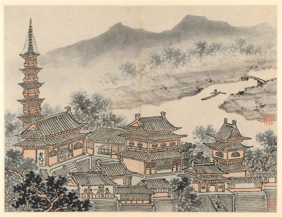 Shen Zhou - Twelve Views of Tiger Hill, Suzhou, The Thousand Buddha Hall and the Pagoda of the Cloudy Cliff Monastery - 1964.371.7 - Cleveland Museum of Art