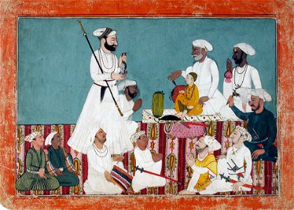 Shamsher Sen, the infant raja of Mandi, seated on the lap of his wazir Mian Jupu (6125125900)