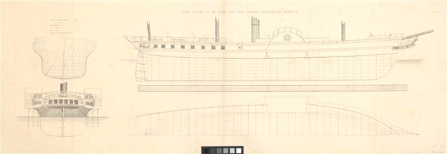 Sheer draft of the East India Company Steam Vessel 'Berenice' RMG PY0201. Free illustration for personal and commercial use.