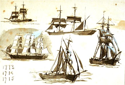 Sheet of studies of various sailing vessels, annotated 1713, 1714, 1715 RMG PV2971