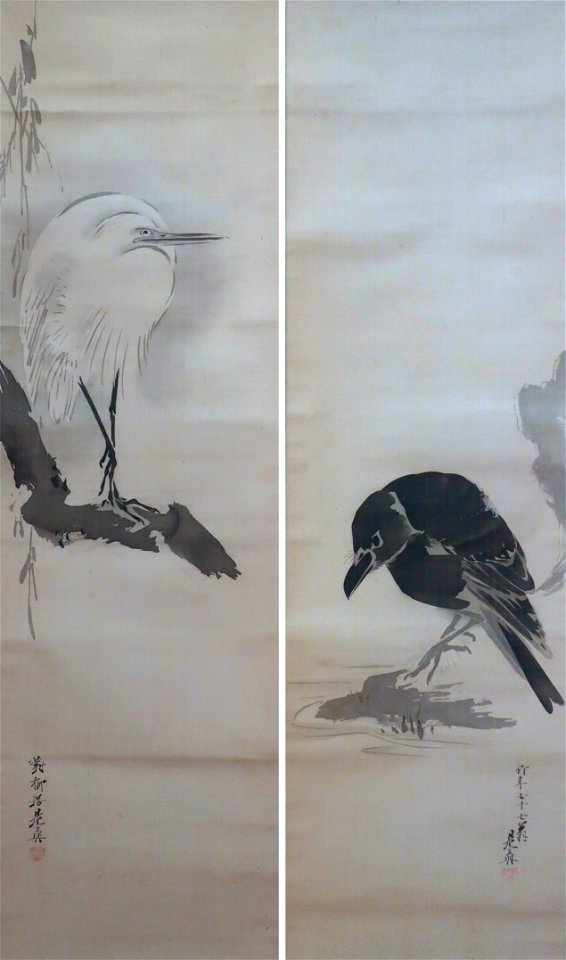 Heron and Blackbird by Shibata Zeshin, 1883, Honolulu Museum of Art 5056.1a-b