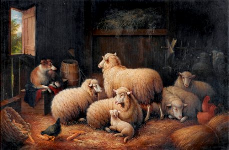 Sheep and dog in a barn, by Susan Catherine Waters