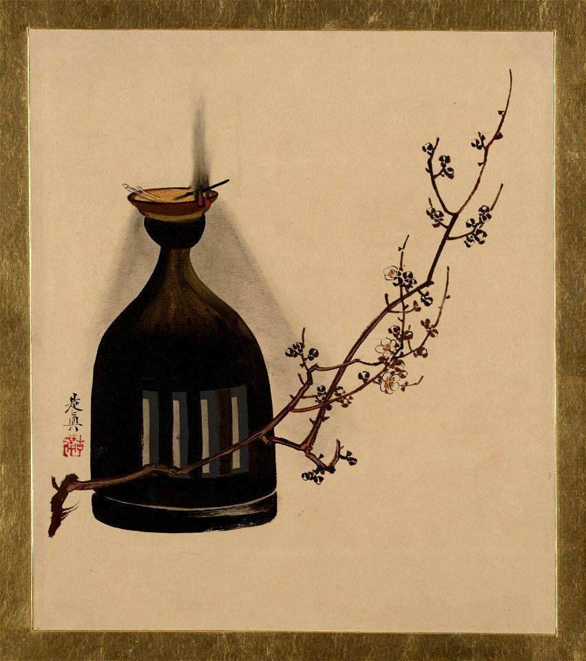 Shibata Zeshin - Lacquer Paintings of Various Subjects, Plum Branch with Oil Lamp - 36.100.103 - Metropolitan Museum of Art