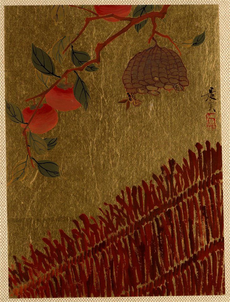 Shibata Zeshin - Persimmons Branch and Wasp Nest above a Hedge - 36.100.118 - Metropolitan Museum of Art