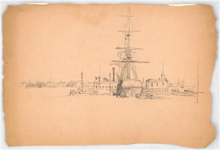 Ship at a wharf along the waterfront in Philadelphia, the cityscape visible on the left, a church on the right, and horse-drawn wagons on the far right LCCN2016648668