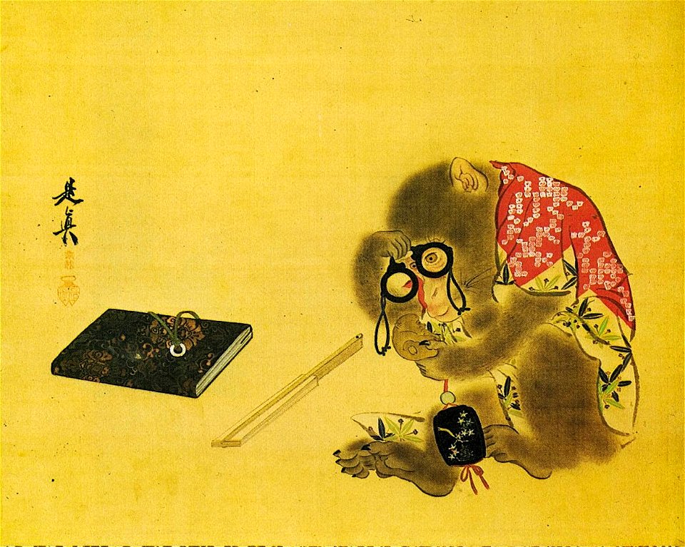 Silk painting of a monkey posing as a collector by Shibata Zeshin