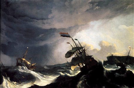 Ships in Distress in a Raging Storm c1690 Ludolf Backhuysen. Free illustration for personal and commercial use.