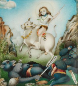 Shiva on the bull Nandi, destroying demons.