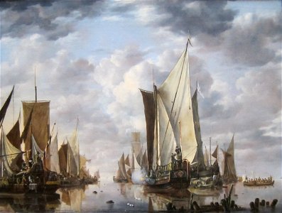 Shipping in a Calm at Flushing with a States General Yacht Firing a Salute by Jan van de Cappelle. Free illustration for personal and commercial use.