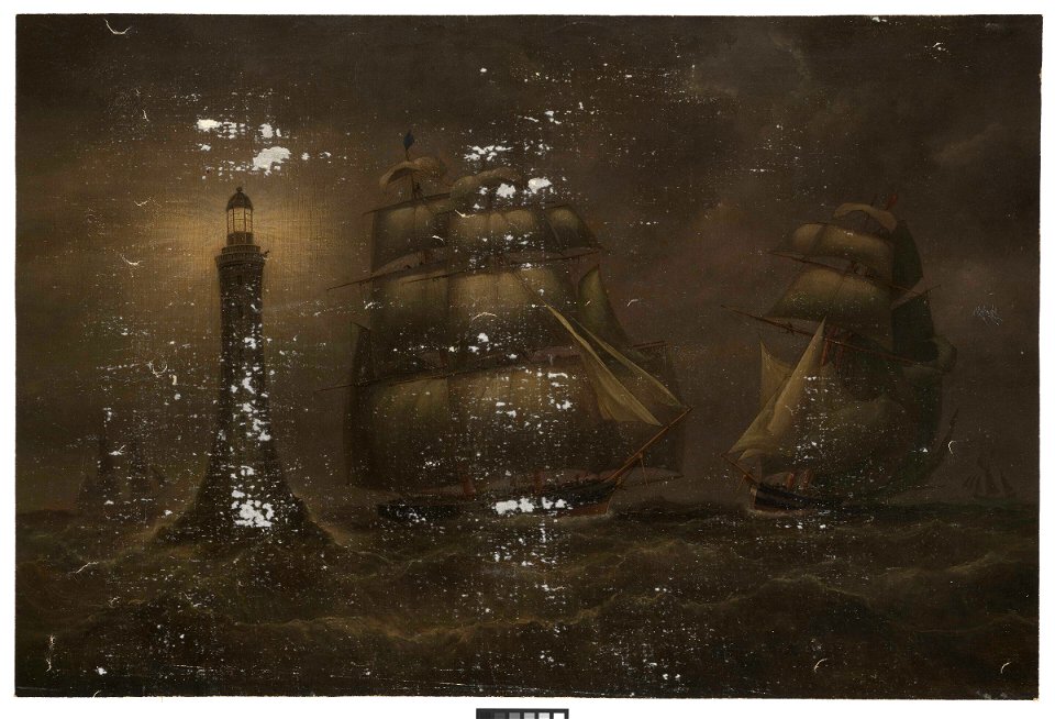 Ships at night near a lighthouse RMG BHC3827