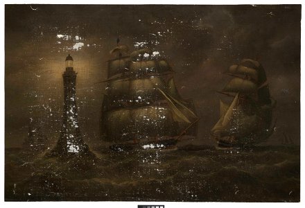 Ships at night near a lighthouse RMG BHC3827