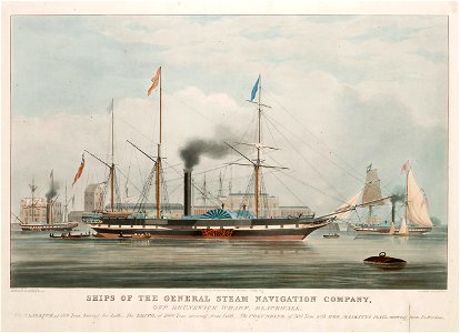Ships of the General Steam Navigation Company, off Brunswick Wharf, Blackwall. The Clarence of 800 Tons, leaving for Leith, The Leith of 1000 Tons arriving from Leith - The Columbine, of 500 Tons, with her Majesty's RMG PY8846