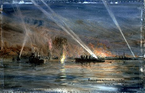 Ships at Harwich using searchlights while under night air attack; 'From a sketch by Commander Burges Watson' RMG PV3166