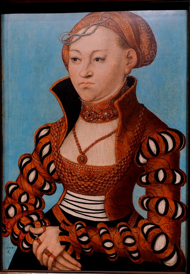Sibylle von Sachsen, by Lucas Cranach the elder, Saxony, 1534, oil on red beech wood - Hessisches Landesmuseum Darmstadt - Darmstadt, Germany - DSC01291