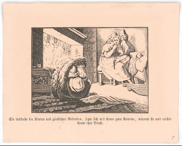 Sie liebkoste die Kinder mit zärtlichen Geberden, setzte sich mit ihnen zum Kamine, wärmte sie und reichte ihnen ihre Brust LCCN2017660106