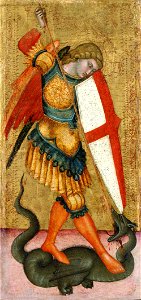 Sienese School of the 14th century - St. Michael and the Dragon - Google Art Project. Free illustration for personal and commercial use.