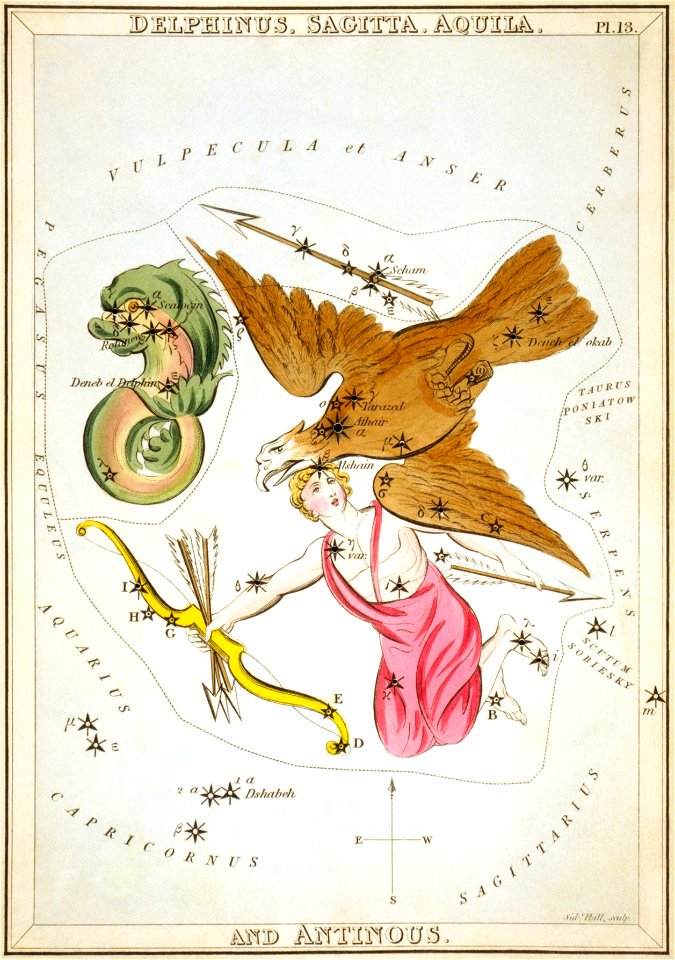 Sidney Hall - Urania's Mirror - Delphinus, Sagitta, Aquila, and Antinous